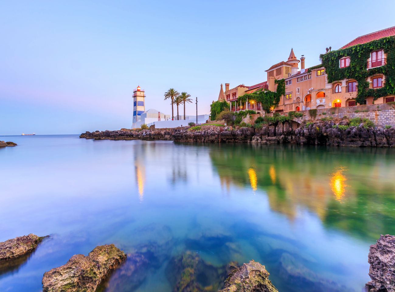 The calm waters of Santa Marta Beach in Cascais, Portugal
